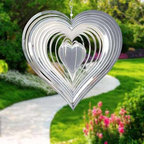 Hiyorsoa Wind Spinners Love Heart Stainless Steel Wind Spinners Indoor Outdoor Garden 3D Metal Hanging Wind Sculptures Metal Wind Sculptures & Spinners for Garden Yard Balcony Decor