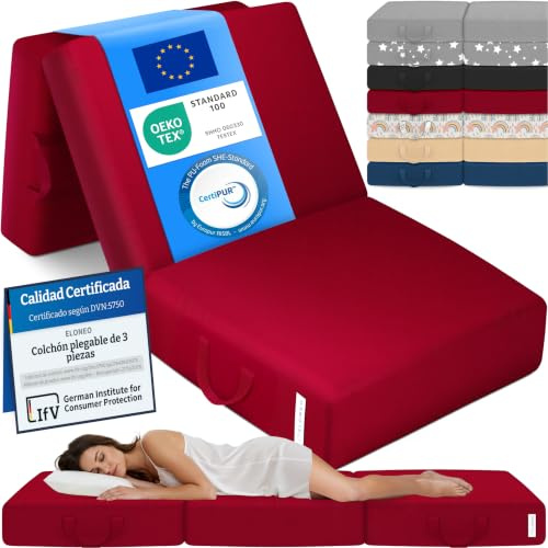 ELONEO materassino pieghevole per ospiti, materasso pieghevole a 3 parti, spugna extra spessa (15cm), lavabile, cubo a disco intervertebrale, adulti (rosso, 75 x 195 x 15 cm)