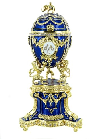 Spieluhr / Spieldose / Musikbox in Form eines musikalischen Eies im Fabergé-Stil aus Emaille mit Vergoldungen, Fantasiesteinen und 18-Ton-Federspielwerk - An der schönen blauen Donau (J. Strauss)