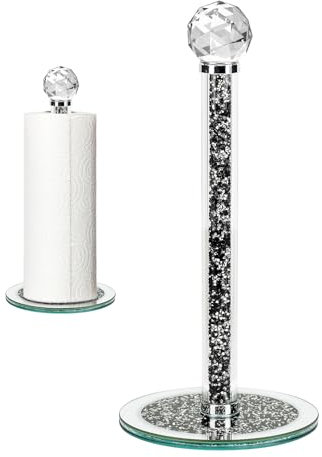 Topsky Black Silver kitchen roll holder - Crystal Glass Paper Towel Holder Stand - Countertop Kitchen Towel Holder Heavy Weight - Kitchen Rolls Organizer Free Standing