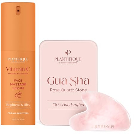 PLANTIFIQUE Rosenquarz Gua Sha Guasha Gesichtsmassage für Augenschwellungen, Hautstraffung, Lymphdrainage Gesicht & Vitamin C Serum Gesicht Korean Skin Care Anti Aging Gua Sha Massage Face Serum, 30ml