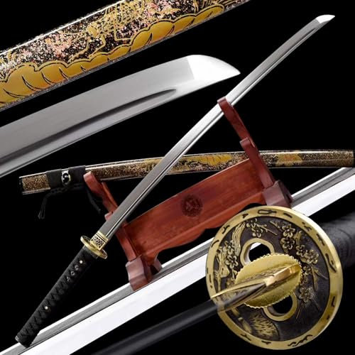 KWXPW 103cm Federstahl geschmiedetes Samuraischwert,handgemachtes Katana,Holzscheide mit aufgemalten Mustern,Japan Samurai-Schwert für Kendo-Übungen,Geschenke,Sammlung,Ausstellung,Cosplay
