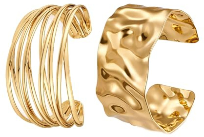 Generisch Gold Manschettenarmbänder für Damen, 2 Stück Offen breite Manschetten Armbänder Verstellbar Gold Offener Armreif Armband für Frauen Mädchen