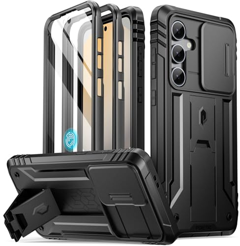 Poetic Revolution Case for Galaxy S24 FE 5G 2024, [Slide Camera Cover], Built-in Screen Protector Work with Fingerprint ID, Full Body Military Grade Rugged Shockproof Cover Case with Kickstand, Black