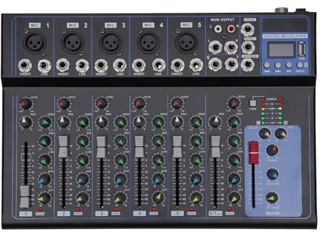 Mezclador Bluetooth USB Live Studio Audio Mezclador DJ Consola Amplificador 7 Canales para Reuniones Familiares, Karaoke, Actividades de DJ, Bandas, Actividades de Campus