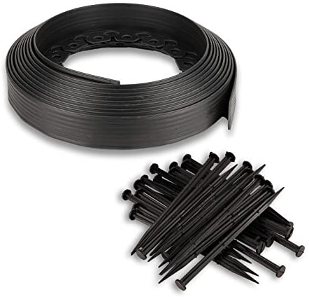 32ft Lawn Garden Edging Border with Heavy-Duty Ground Stakes – 10m Black, 5.5cm High Flexible Flower Bed Edge with Reinforced Plastic Pegs, All-Weather Professional Landscape Dividers