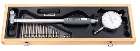 ASIMETO Innenfeinmessgerät 50–160 mm, mit Messuhr 0,01 mm, Bohrungsmessung | Messtiefe 150 mm, Messbolzen aus Stahl und Hartmetall, inkl. Einsätze, Scheiben und Verlängerung, im Etui