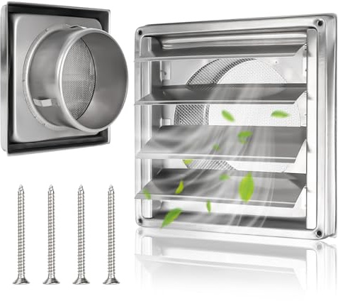 XTDMJ Rejilla de ventilación de 125 mm de acero inoxidable con válvula antirretorno, lamas ajustables, rejilla anti-insectos, tubo VMC y cubierta de extracción de aire exterior con sello de goma y