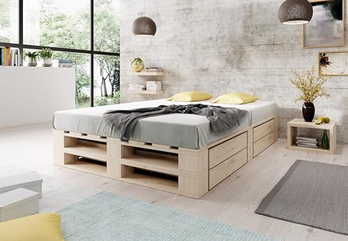 Lermowood Palettenbett M2 aus Holz 160 x 200 cm Natur mit Lattenrost und 2 Bettkästen Holzbett 30cm Stabiles Seniorenbett Kinderbett Jugendbett Gästebett erhöhtes Bettgestell Futonbett Komforthöhe