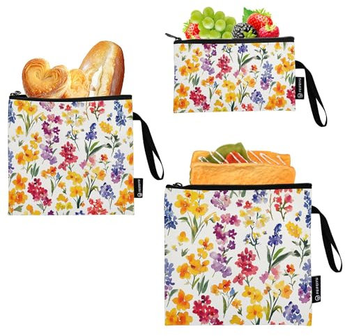 Wiederverwendbare Sandwichbeutel mit Blumenhyazinthen, Begonie, Weiß, 3 Stück, Lunch-Tragetasche, Küche, Mittagessen, Tragetasche für Ausflüge, Picknick, Strand