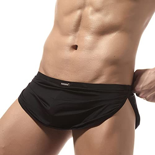Split Side Boxers for Men Sexy Skirt Apron Design Naughty G String Cheeky Built In Pouch Underwear Lingerie Sports Breathable Thongs and G-Strings Running Classic Sissy Soft Athletic Black