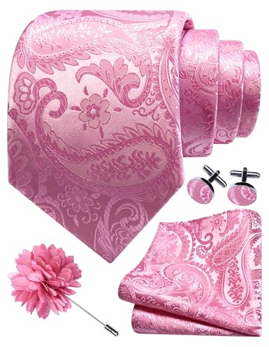 Gusleson Pink Tie Set for Men Paisley Wedding Silk Necktie Pocket Square Cufflinks and Lapel Pin Brooch Set (UK6111-05)