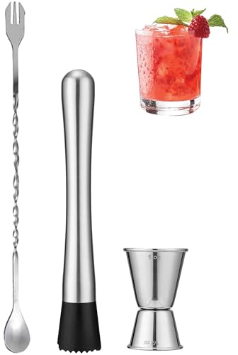 Goldelith Professional Bar Tools Set, 10-inch Stainless Steel Muddler, Mixing Spoon, Measuring Jigger for Cocktails for Home Bartenders, Mojitos, Margaritas and Fruit-Based Drinks