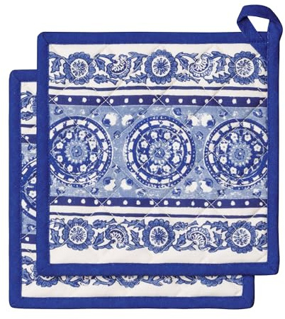Maison d' Hermine Set di presine, 100% cotone, resistenti al calore, 20 cm x 20 cm, con anello per barbecue, per maneggiare padelle calde, Primavera Estate (Melodie Bleue, confezione da 2)
