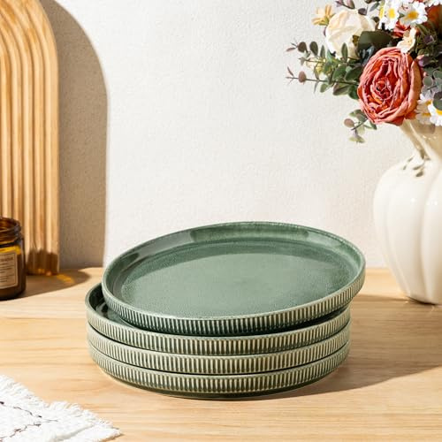 GBhome Middagstallrikar i stengods set med 4, handgjorda reaktiva glasyr, keramiska tallrikar (27 cm), rustikt ribbat fat för kök, mikrovågsugn och diskmaskinssäker, repbeständig – vintergrön