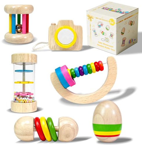 Montessori Baby Spielzeug ab 1 Jahr: Sensorik Rassel Babyspielzeug ab 3-6-9-12-18 Monate Junge Mädchen Holz Motorikspielzeug Regengeräusche für 0 1 2 Jahrn Kinder Kleinkinder Neugeborene Geschenk