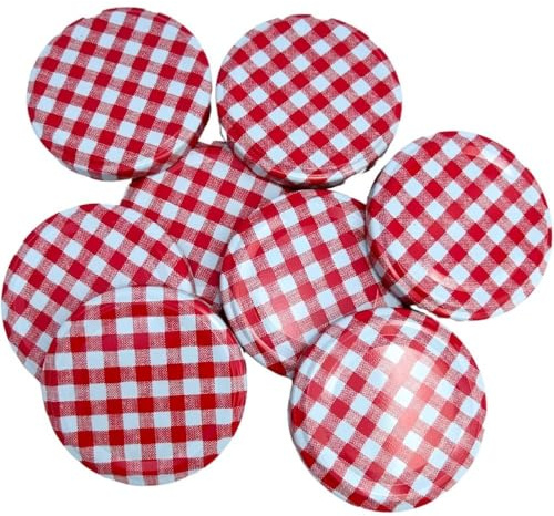 63mm Red Gingham Screw Top Lids, 12-Pack Airtight Jar Seals for 380ml Preserving Jars, BPA-Free Tinplate Replacement Lids for Home Canning & Jam Making