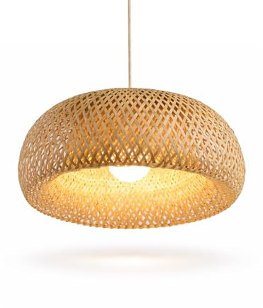 Boho Rattan Pendelleuchte mit verstellbarem Draht, Natürlicher Bambus Doppelbezug Hängelampe, Korb Lampenschirm für Esszimmer, Wohnzimmer, Schlafzimmer, Flur, Küche, 30CM E27 Fassung(keine Glühbirne)