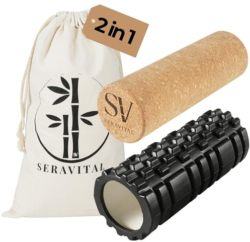 SeraVital Faszienrolle Set Kork & EVA 33cm – 2er Set Selbstmassage & Mobility inkl. Baumwollbeutel – Korkrolle 10cm + EVA Hohlrolle 13cm – rutschfest, geruchsarm – Massagerolle für Warm-up, Cool Down