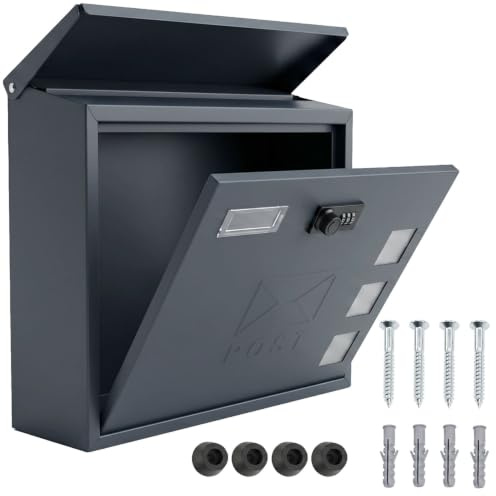 Letter Box, Wall Mounted Letterbox, Post Box with Digit Combination Lock | 3 Viewing Windows, Nameplate, Galvanized Steel Waterproof Outdoor Post Box Wall Mounted, 35 x 30 x 10 cm, ANTHRACITE GRAY