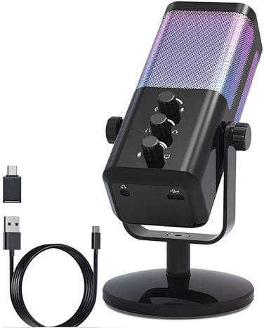 Whoasyst Microfono a condensatore USB da gioco a colori con modalità di illuminazione dinamica Cancellazione del rumore per lo streaming di podcast Microfono per computer portatile USB