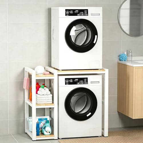 Mueble Torre Lavadora Secadora con Estantes Laterales, Estantería para Encima de Lavadora Ajustable, Armario Lavadora y Secadora Vertical para Lavandería(White)