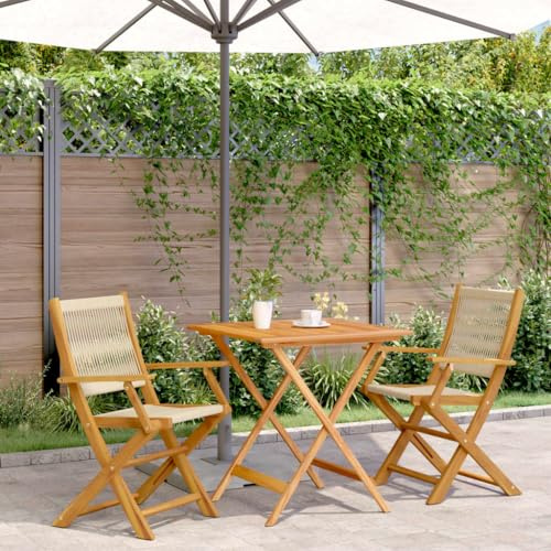 PUGYNBK 3-TLG. Bistro-Set Beige aus Polypropylen und massivem Akazienholz, klappbarer Gartentisch mit Zwei Stühlen für Garten, Balkon oder Terrasse