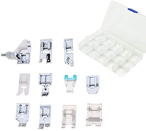 JZK 11 pieces Sewing machine domestic accessories set with storage box, presser foot replacement part kit for sewing machine Singer Brother Janome Toyota Elna AEG