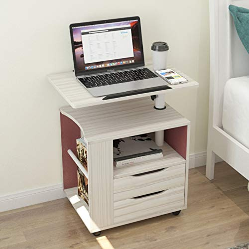 sogesfurniture Comodino, Tavolo da Notte, Tavolo Rotolante da Letto Divano per Computer Portatile con Scomparto Aperto, 2 Cassetti, Piano Girevole per Camera Soggiorno, Acero Bianco