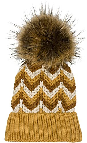 styleBREAKER Damen Strick Bommelmütze mit Zick-Zack Muster und Fleece Futter, Winter Fellbommel Mütze, Strickmütze 04024188, Farbe:Camel-Braun-Beige