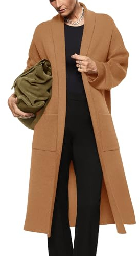 Womens Long Sleeve Maxi Cardigan Open Front Oversized Knitted Sweater Coat Casual Lapel Warm Overcoat with Pockets, Camel, L