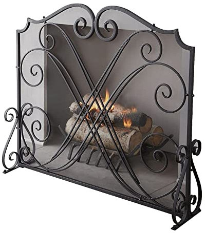 Fire Guard Freistehender Kaminschutz mit stabilem Schmiedeeisenrahmen, schwarzfarbenes Funkenschutzgitter mit dekorativem Metallgitter für den Außen- und Innenbereich (Schwarz 98 x 23 x 77 cm) Needed