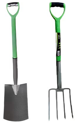 Unibos | 2 Pieces Traditional Digging Spade & Garden Fork Set | Carbon Steel Heat Treated | Ergonomic Soft Grip D Handle | For Gardeners, Builders, DYI (Green)