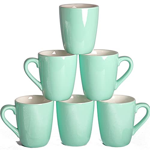 superyes Large Ceramic Coffee Mugs-Set of 6, 12oz(360ml) Barrel Cup for Cappuccino Latte, Easy-Grip Handle, Dishwasher, Microwave Safe, Mint Green