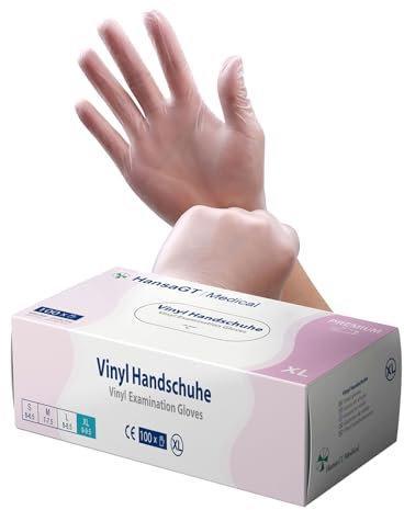 HansaGT Medical Einweghandschuhe Vinylhandschuhe L, Einmalhandschuhe 100 Stück Box, Handschuhe Einweg puderfrei, Medical Untersuchungshandschuhe, Vinyl Handschuhe Latexfrei Transparent S, M, L, XL