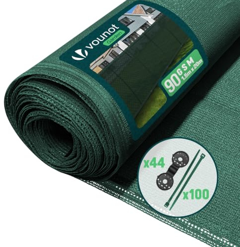 VOUNOT® Zaunblende 1.5×20m, Sichtschutz Zaun HDPE Schattiernetz, Windschutz UV-resistent Reißfest, 75% Beschattungsgrad, mit Löcher, Spezialclipund und Kabelbinder, Grün