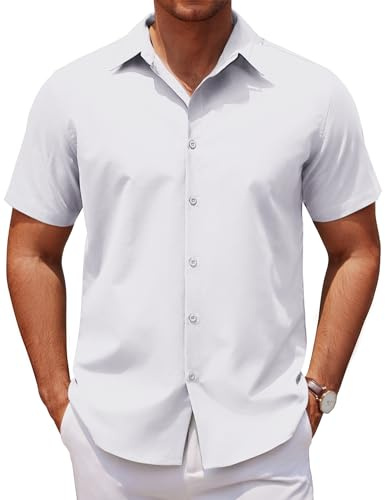 COOFANDY Chemise Manches Courtes Homme Slim Fit Été Chemises d'affaires Décontractées Chemise Bureau Chemises de Travail Chemisette Mode Blanc XL