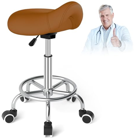 YEEZEE Hocker für Pferdesattel, gegen Rückenschmerzen, ergonomischer Hocker mit Rollen, ästhetischer Hocker, höhenverstellbar von 46 bis 59 cm, Rollhocker mit gepolsterten Kissen (braun)