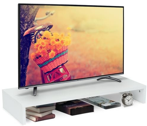 White Monitor & TV Riser Stand - Ergonomic 12cm Height Desk Organiser for Screens up to 32, Space Saving Design 85x35x12cm (LxWxH)(33.5x13.8x4.7)
