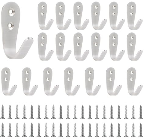 ONEBO 20 Stück Garderobenhaken Edelstahl Gebürstet, Mehrzweckhaken mit Schrauben, Edelstahl Haken, Metall Einzeln Hakens für Schlafzimmer, Badezimmer, Kleiderschrank, Wohnzimmer