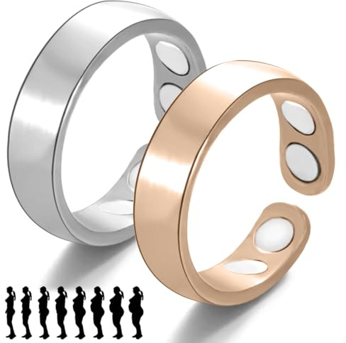 XPEX 2pcs Ringe,Ring Fraue,Magnet Ring Damen,Einstellbarer Magnetischer Intelligenz,Reduzieren Angstzustände,Verbessern Den Schlaf (Silbernes Doppelloch+Doppelte Löcher Aus Roségold)