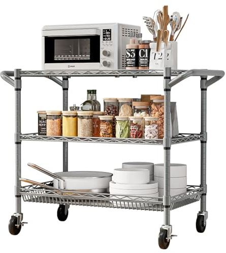 Forthcan 3-Tier Heavy Duty Shelving Unit, Storage Trolley on wheels, Silver