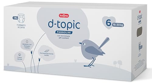 Buona Pannolini Taglia 6,16-30 kg Formato Scorta con Tecnologia pH Comfort e Amido di Riso Azione Lenitiva, Pannolini D Topic Antifughe, Superassorbenti, Regola pH per Pelli Sensibili