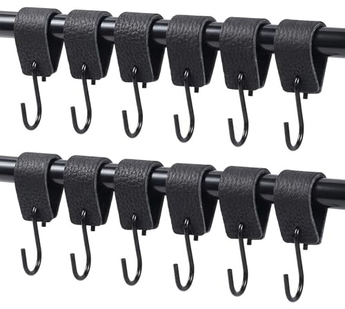 Xvbhaq Edelstahl S Haken mit Lederschlaufe, 12 Stück Schwarze S-Haken mit Lederring, Hohe Tragfähigkeit für Küche Bad Schlafzimmer, Kleiderhaken für Stange