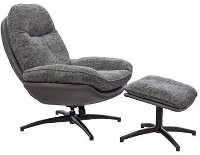 LC Home Drehsessel Rockdale mit Hocker – Relaxsessel aus Webstoff mit Karosteppung, drehbar mit Auto-Return-Funktion, gemütlicher Indoor Lounge Sessel für Wohnzimmer & Büro (Grau)