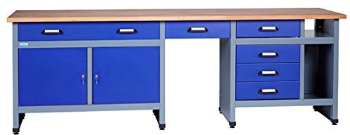 Küpper Werkbank 12287 ultramarinblau, 240x84x60cm, 6 Schubladen, 2 Türen, 300 kg Traglast, 30 mm Massive Buchenarbeitsplatte
