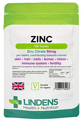 Lindens Zinc Citrate 50mg - 100 Vegan Tablets - Immune Function, Fertility, Healthy Bones, Vision, Hair, Nails and Skin - Made in The UK | (3+ Months Supply) | Letterbox Friendly