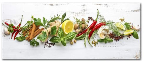 STYLER Küchenbild Shabby Herbs 30 x 80 x 0,4 cm I Glasbild Kräuter Chili & Zitrone I Wandbild Kräutergarten Rosmarin & Basilikum I Bild aus Glas Gewürze groß I Deko Küche Vintage I XXL