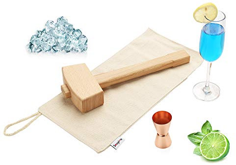 Handgemachte Lewis Canvas Ice Bag und 34,6 cm Natural Solid Beech Wood Ice Mallet - Manueller Ice Crusher Hammer, Champagner Gold Zweiseitiger (O.5/1 Unzen) Jigger (Ice Bag & Mallet & Jigger)