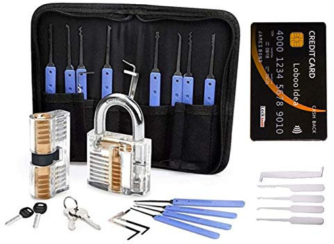 Loboo Idea 17-teiliges Dietrich-Set mit 2 Stück transparentem Trainings-Vorhängeschloss und Kreditkarten-Lockpicking-Werkzeug-Set + Anleitung für Anfänger und Profi-Schlosser (B, Blau)